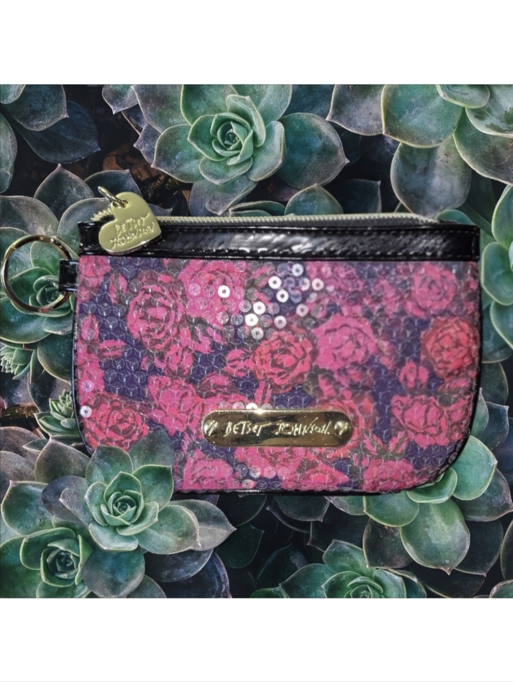 Betsey Johnson Pink and Black Sequin Floral Coin Pouch